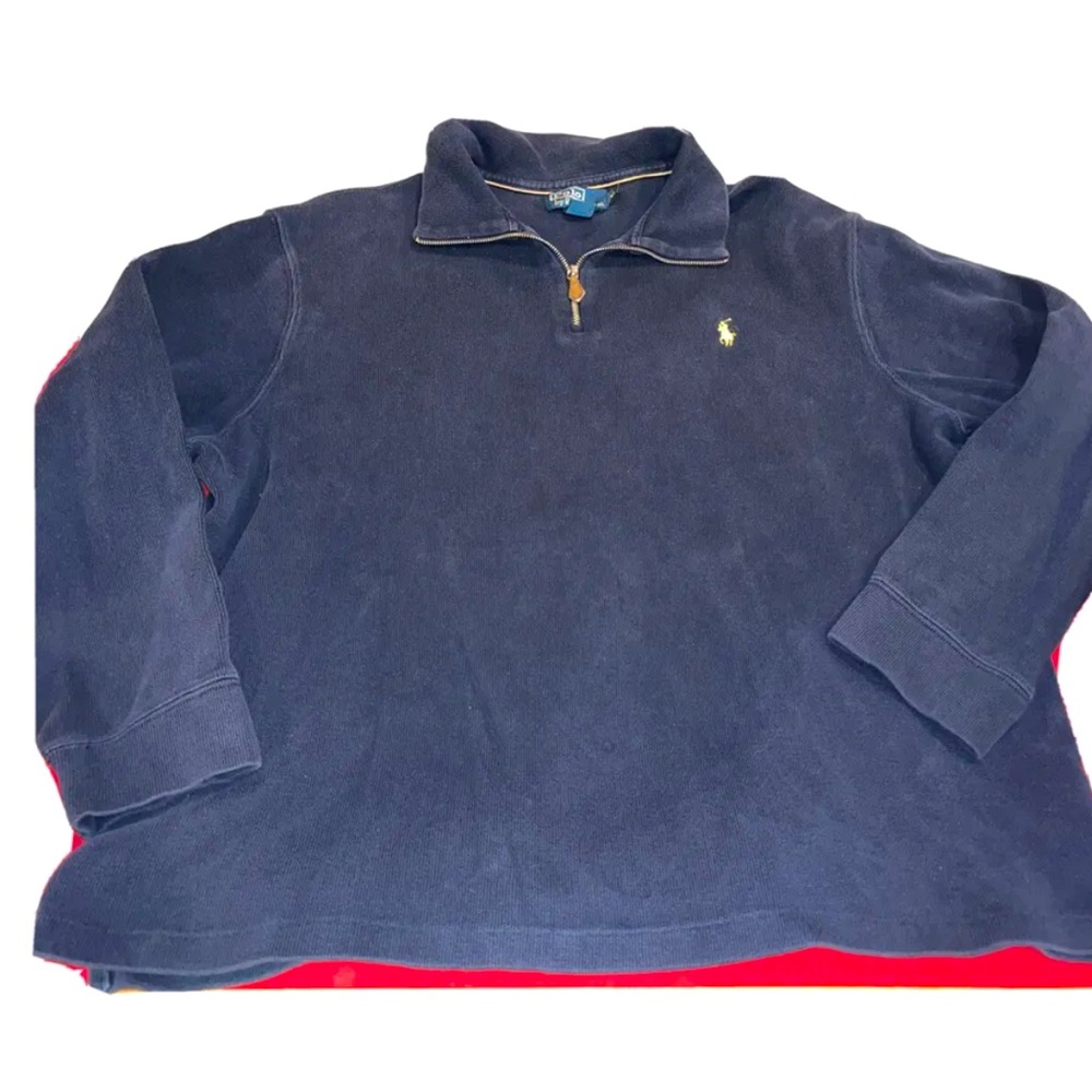 XL Polo Ralph Lauren Blue SWEATER 1/4 Zip Ribbed Men Knit Pullover, Yellow Logo